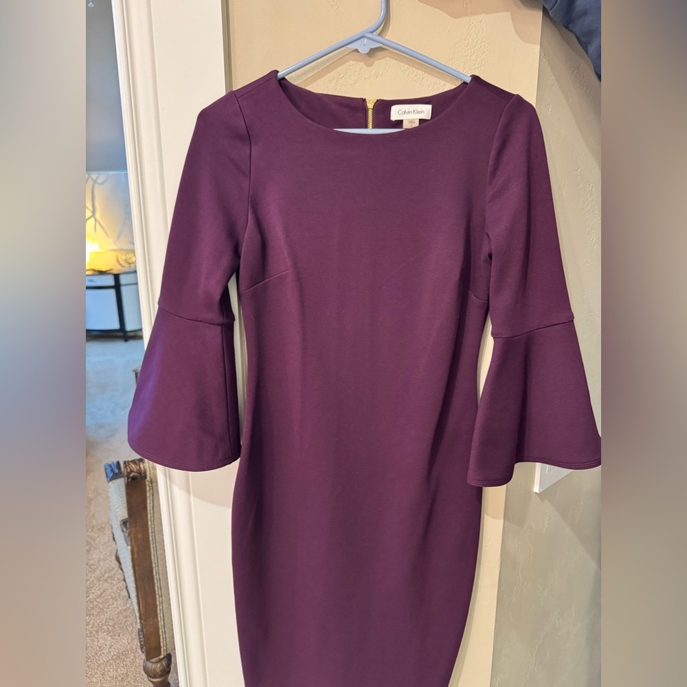 Calvin Klein flare sleeve fitted dress 2 purple